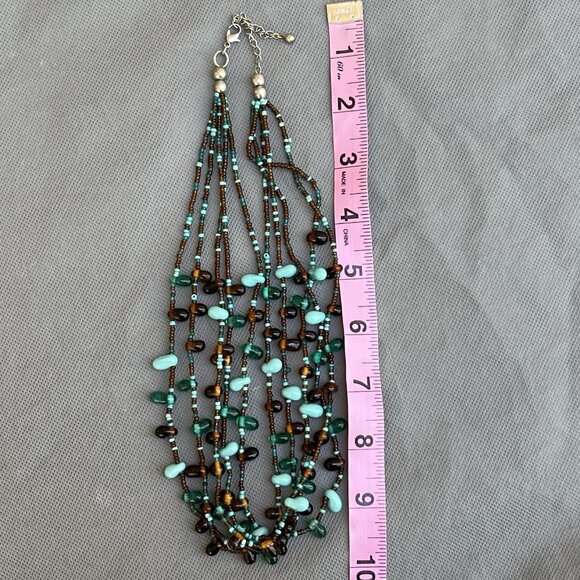 Blue Brown Seed Bead Multiple Strands Necklace Chunky Fun Artsy - Picture 3 of 3